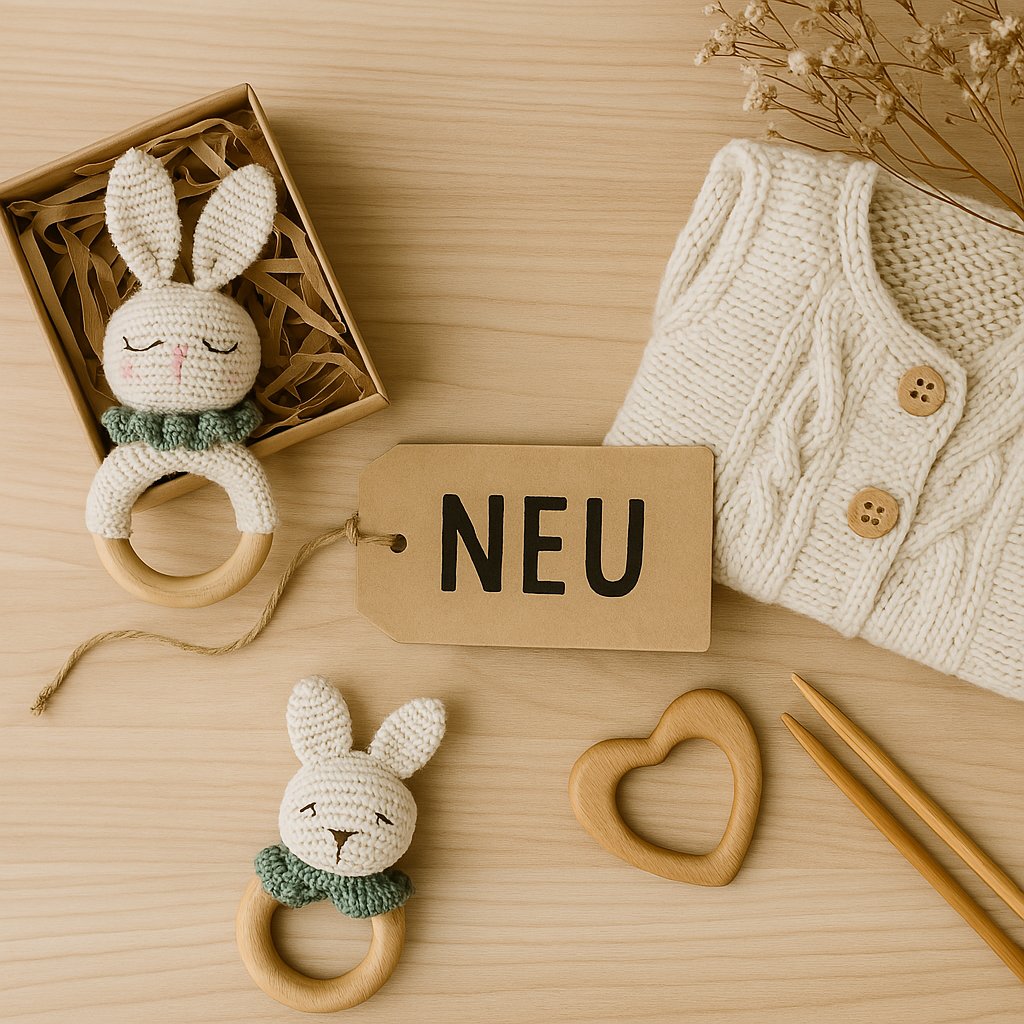 Neue Babyartikel auf einem Tisch, dekorativ mit einem Neu-Schild arrangiert